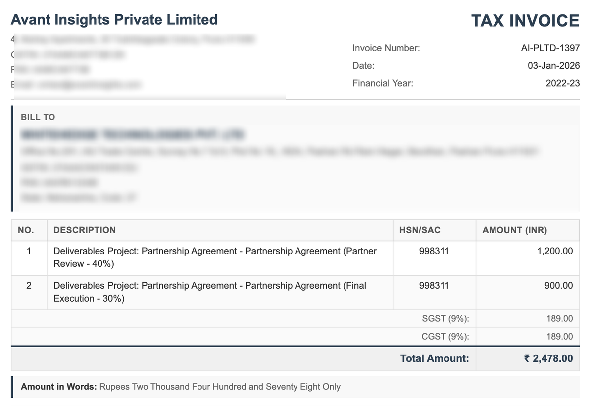 TriAxis GST-ready tax invoice — line items with HSN/SAC codes, SGST/CGST split and total (client and bank details redacted)