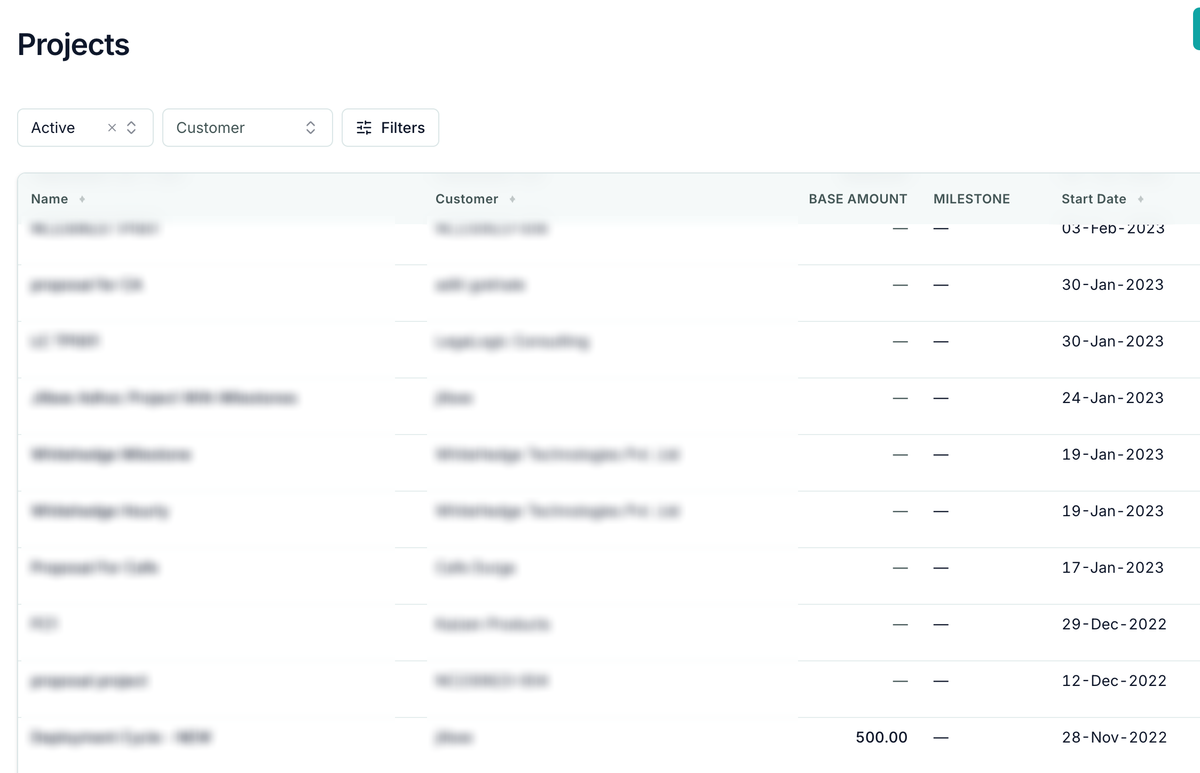 TriAxis projects view — active engagements with base-amount, milestone and start-date columns (client names redacted)