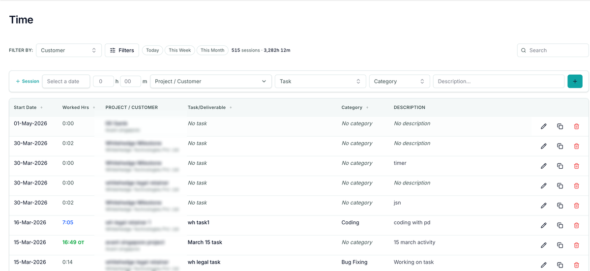 TriAxis time-capture view — billable sessions logged by date, project, task and category